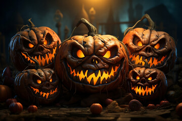 Spooky Halloween Jack O' Lanterns in the Night