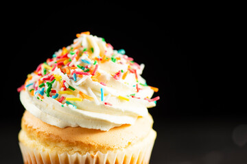 Soft and delicate vanilla cupcake with buttercream and rainbow sprinkles.
