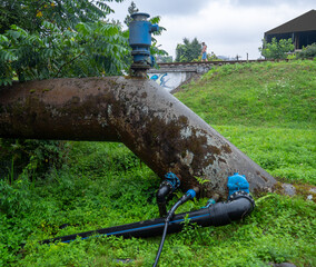 Valves on the gas pipeline. Gas cover. Transportation of fuel through the pipe. Village gas supply. Industry. Export of energy carriers.