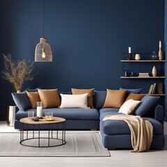 Interior with navy blue background with blue sofa and multicolored pillows. Created using generative AI