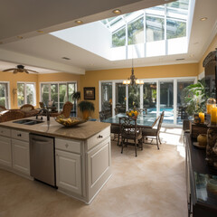 Interior of tropical beach styled house with kitchen and dining room in the background. Created using generative AI