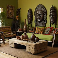 Vibrant green African inspired living room interior with folk statues and clay pots. Created using generative AI