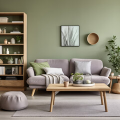 Mint green styled living room interior with light gray couch and wooden coffee table. Created using generative AI