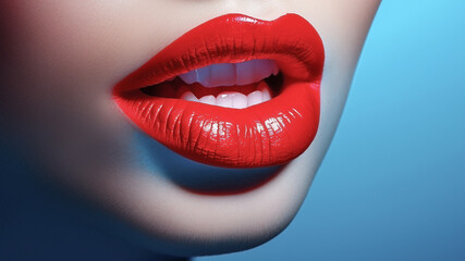 Obraz premium Closeup of a female face with red lipstick on blue background
