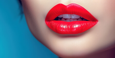 Obraz premium Closeup of a woman with electric red lipstick for cosmetic advertisement blue background