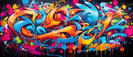Vibrant colors come alive in this street art mural, expressing the artists creativity through a mix of text and graffiti. Full Frame,