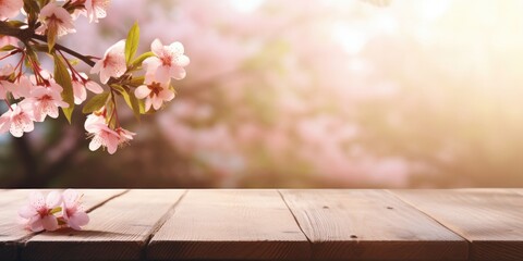 wooden table background with pink blossoms and sunlight on the ground, generative AI