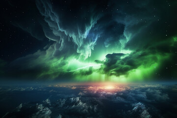 Fototapeta na wymiar severe storm clouds and northern lights in the atmospheres - Generative AI 