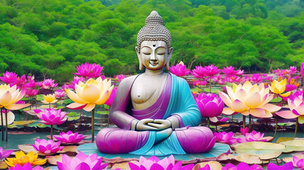 仏陀、お釈迦様、睡蓮｜buddha, shakyamuni, water lilies. Generative AI