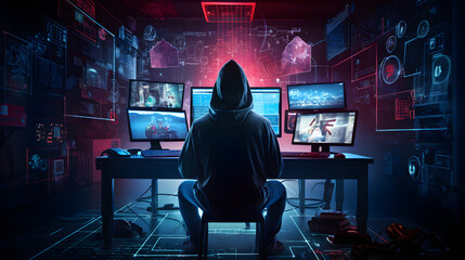 Visualize a mysterious figure, a smart and anonymous hacker, shrouded in a hoodie