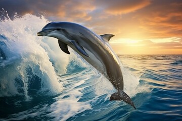 AI Generated Playful dolphins jumping over breaking waves. Hawaii Pacific Ocean wildlife scenery. Marine animals in natural habitat