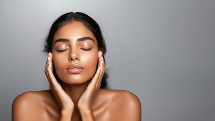 Front portrait of an Indian model with eyes closed and clear skin on a grey shaded background