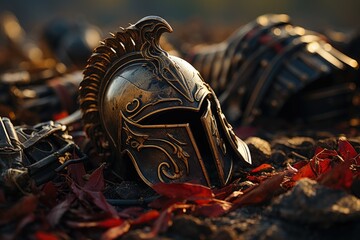 Forgotten Valor: Delving into the Symbolism of an Abandoned Spartan Helmet and Strewn Weaponry, a Glimpse into Post-Battle Realities