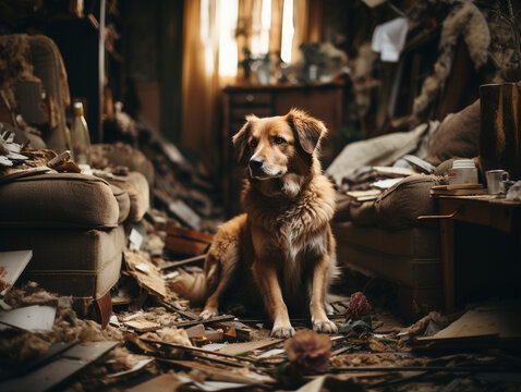 A Cute Sad And Lonely Stressed Dog: Separation Anxiety, Depression, Scared And Worried, Alone At Home, Messy Destroyed Room, Ripping Up Furniture