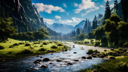A lush river valley with mountains on a sunny day