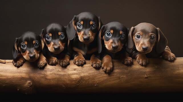 Five newborn pedigree dachshund puppies posing for a portrait in a studio.