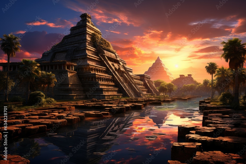 Sticker sunset splendor: the grandeur of the mayan pyramids at dusk generative ai