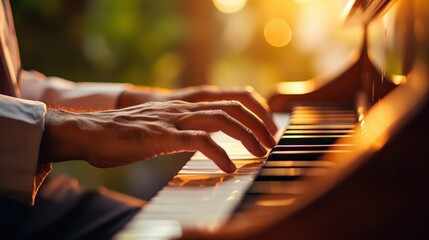 closeup photo of male hands of a person playing the piano pressing the keys. bokeh lights in the background. outside in the nature playing music instrument. Generative AI - obrazy, fototapety, plakaty