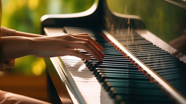 closeup photo of female hands of a person playing the piano pressing the keys. bokeh lights in the background. outside in the nature playing music instrument. Generative AI