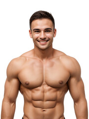 Fototapeta premium Fitness man smiling and looking at the camera, isolated, transparent background, no background. PNG.