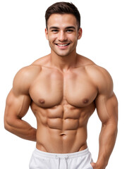 Fototapeta premium Fitness man smiling and looking at the camera, isolated, transparent background, no background. PNG.