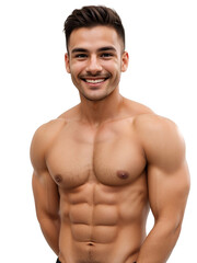 Fototapeta premium Fitness man smiling and looking at the camera, isolated, transparent background, no background. PNG.