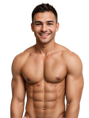 Fototapeta premium Fitness man smiling and looking at the camera, isolated, transparent background, no background. PNG.