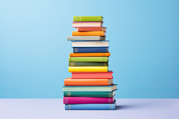 Stack of colorful books on blue background. Education and knowledge.