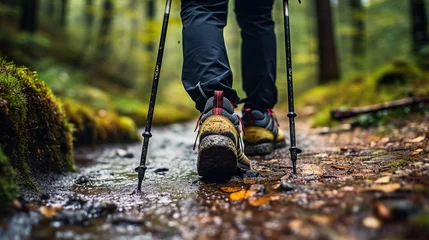 Tuinposter Bosweg Close up of legs of person in hiking shoes walking in the forest, using hiking stick, Generative AI