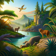 Obraz na płótnie Canvas Nature landscape with wild animals in the jungle at sunset. Vector illustration