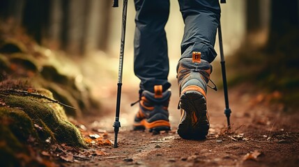 Close up of legs of person in hiking shoes walking in the forest, using hiking stick, Generative AI - obrazy, fototapety, plakaty