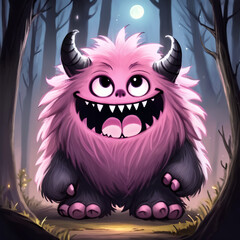 Cute pink fur ball with horns looking up