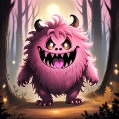 illustrated drawing of a pink fluffy monster
