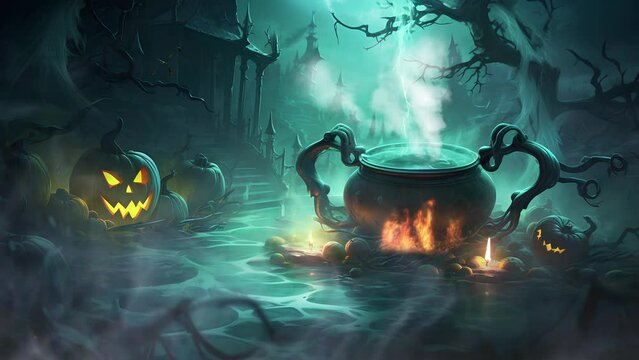 a green liquid filled furnace gaping over a fiery Halloween night. seamles animated looping video