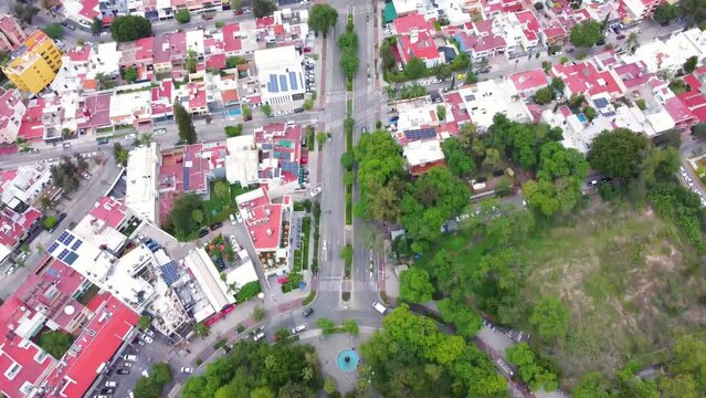 Aerial shot from drone on Guadalupe Avenue towards Chapalita traffic circle, Zapopan, Jal. 
