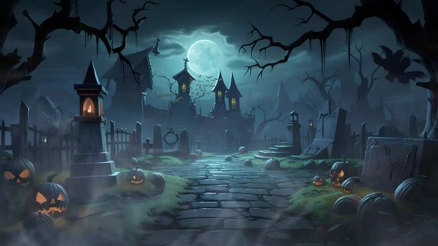 the scene of the old creepy castle with skulls littered with a big full moon. fires blazed all around. seamless looping video animated background.