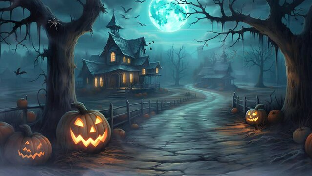 old castle spooky atmosphere on full moon halloween night. Halloween pumpkin decoration. halloween background video.
