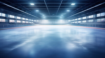 A picturesque winter scene featuring an empty ice rink adorned with lights.
