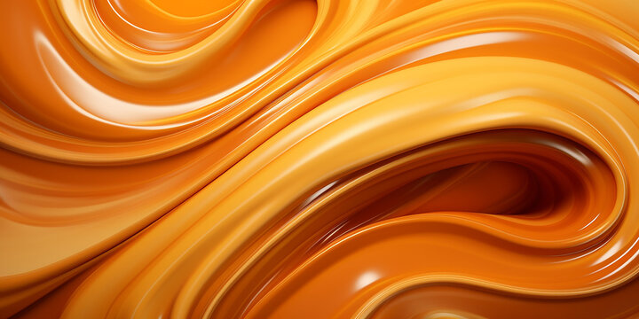The background is a sensory delight with its glossy, delectable caramel texture.