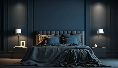 Dark bed and mockup dark blue wall in bedroom interior Generative Ai