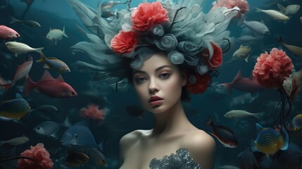 Ethereal Beauty Underwater: A Woman in Aquarium Surrounded by Fish, Perfect for Mermaid Themes, Water Fairies, and Promoting Ocean Conservation - Generative AI