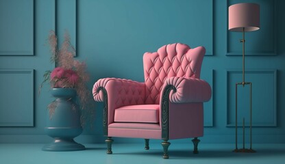 The interior has a pink armchair on empty blue wall Generative Ai