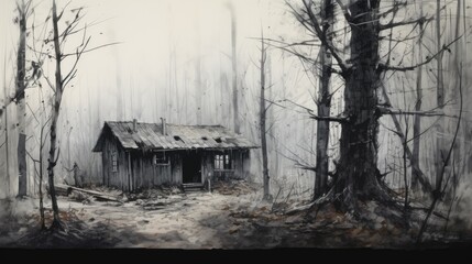 Obraz premium Abandoned shack in the woods. Very eerie scene. Black and white sketch