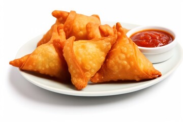 samosa and pakora on a plate with dipping sauce isolated on white background, created by Generative AI