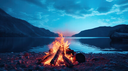 A campfire amidst the tranquility of a lake valley's backdrop. - obrazy, fototapety, plakaty