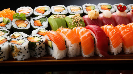 Aerial view showcasing a tempting 'all you can eat' sushi selection: Rainbow sushi roll, uramaki, hosomaki, and nigiri.