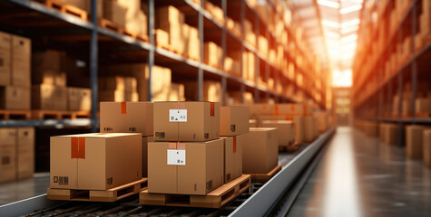 Brown boxes neatly lined up on a conveyor belt, contrasting with the surrounding boxes in a brightly lit warehouse.