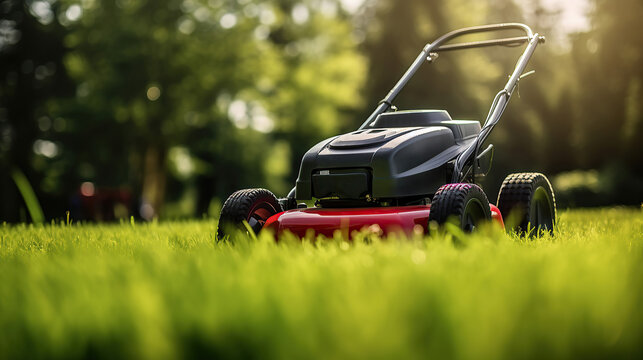 A lawnmower is on display as it cuts the grass.
