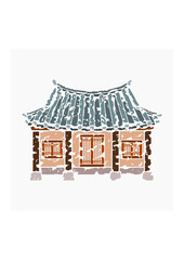 Editable Vector Illustration of Brush Strokes Style Front View Traditional Hanok Korean House Building for Artwork Element of Oriental History and Culture Related Design