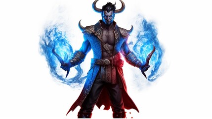 Blue Tiefling blue skin and blue horns black hair and.Generative AI
